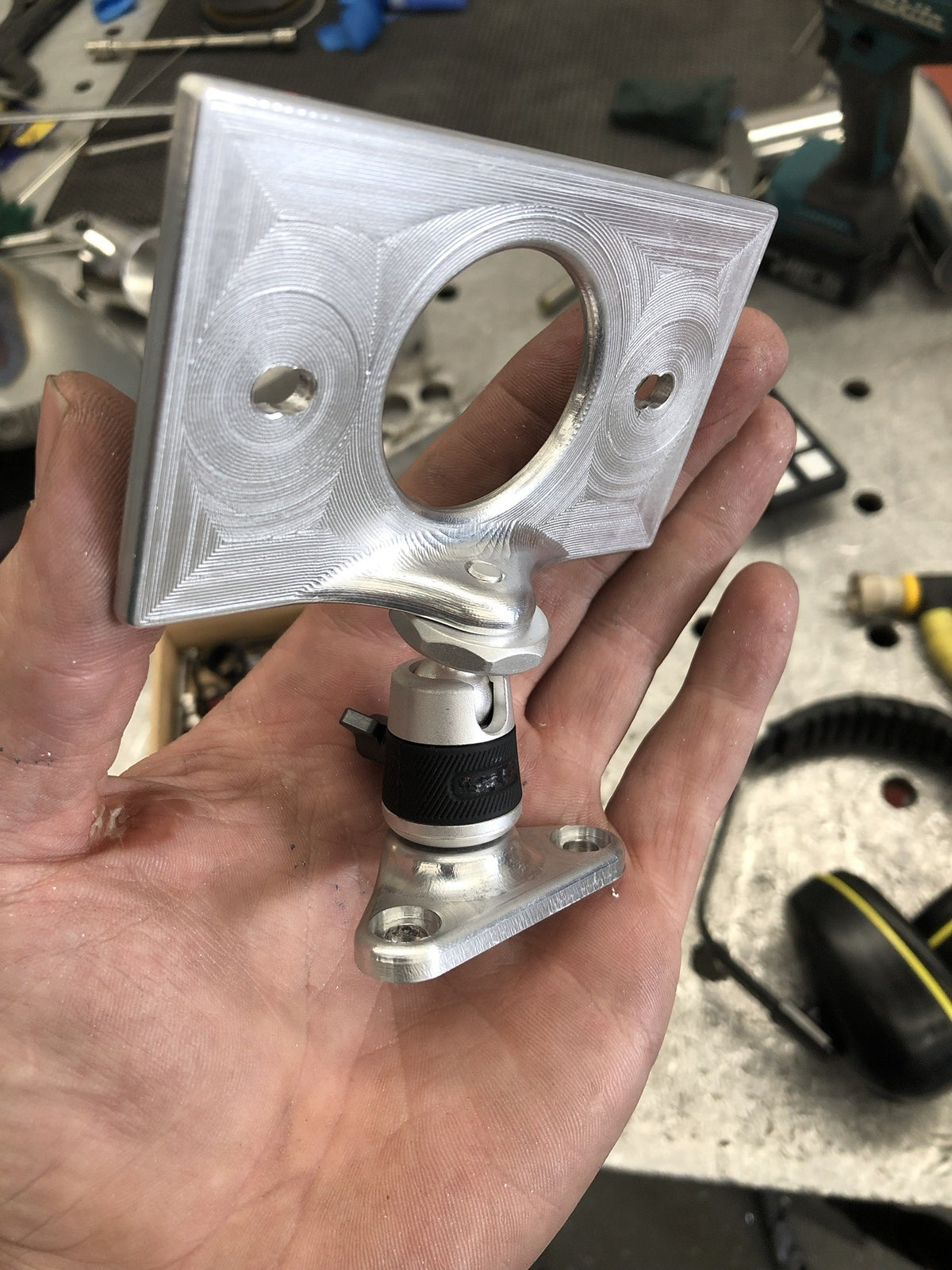 CNC machined aluminium keypad mount plate with locking ball-joint swivel and two-bolt base