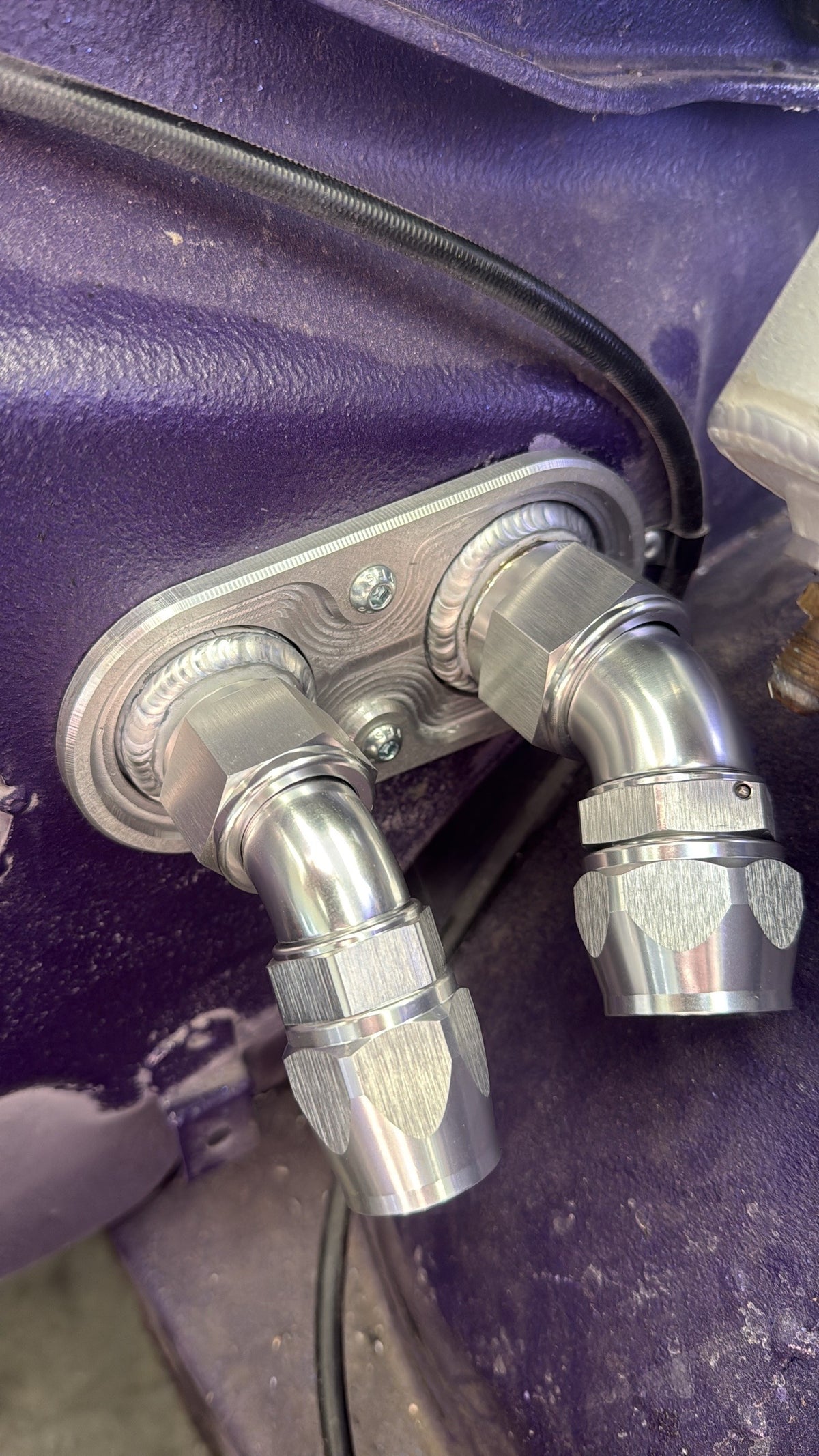 IMR universal dry sump firewall bulkhead plate with -16 and -12 AN fittings, fitted to an S13 Silvia firewall