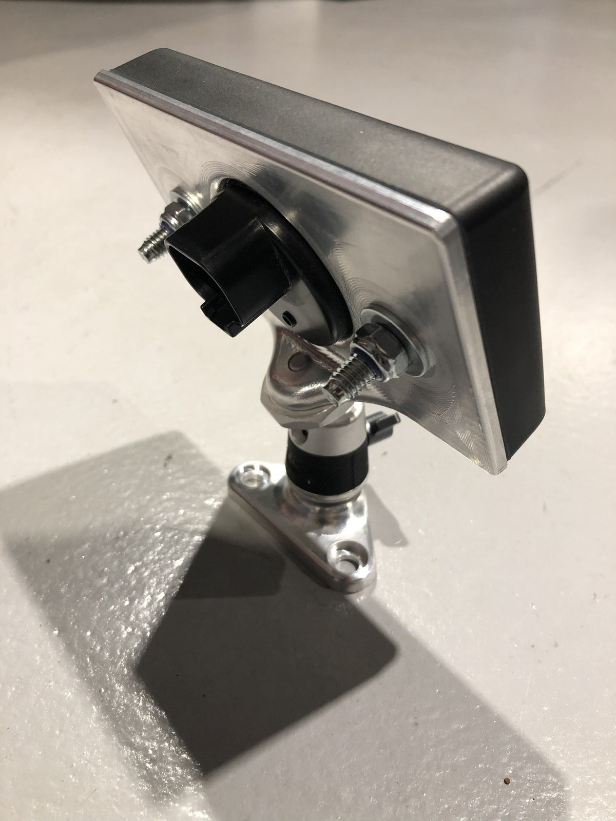 Rear of the Haltech keypad mount: CNC machined aluminium plate, keypad plug and ball-joint swivel