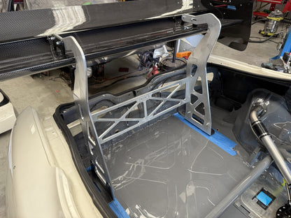 IMR DC2 gooseneck wing uprights and chassis frame mounted in the boot, with the boot lid removed