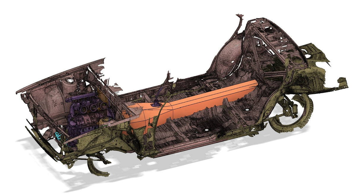 3D scan of the Mazda 626 chassis and 20B engine with the transmission tunnel designed around it