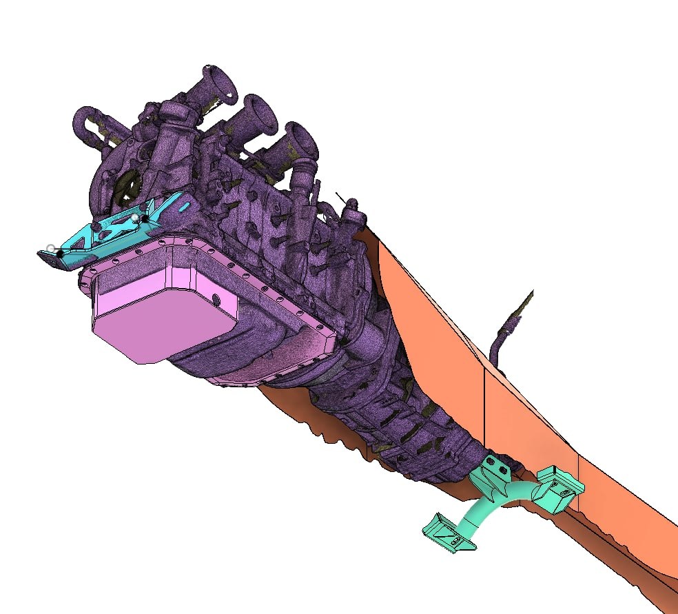 CAD of the 20B sump, engine mount and transmission mount designed around the scanned engine and gearbox