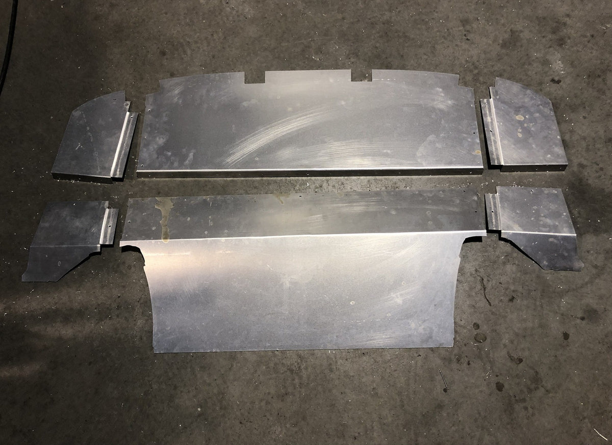 RX2 coupe rear firewall CNC cut aluminium panels laid out