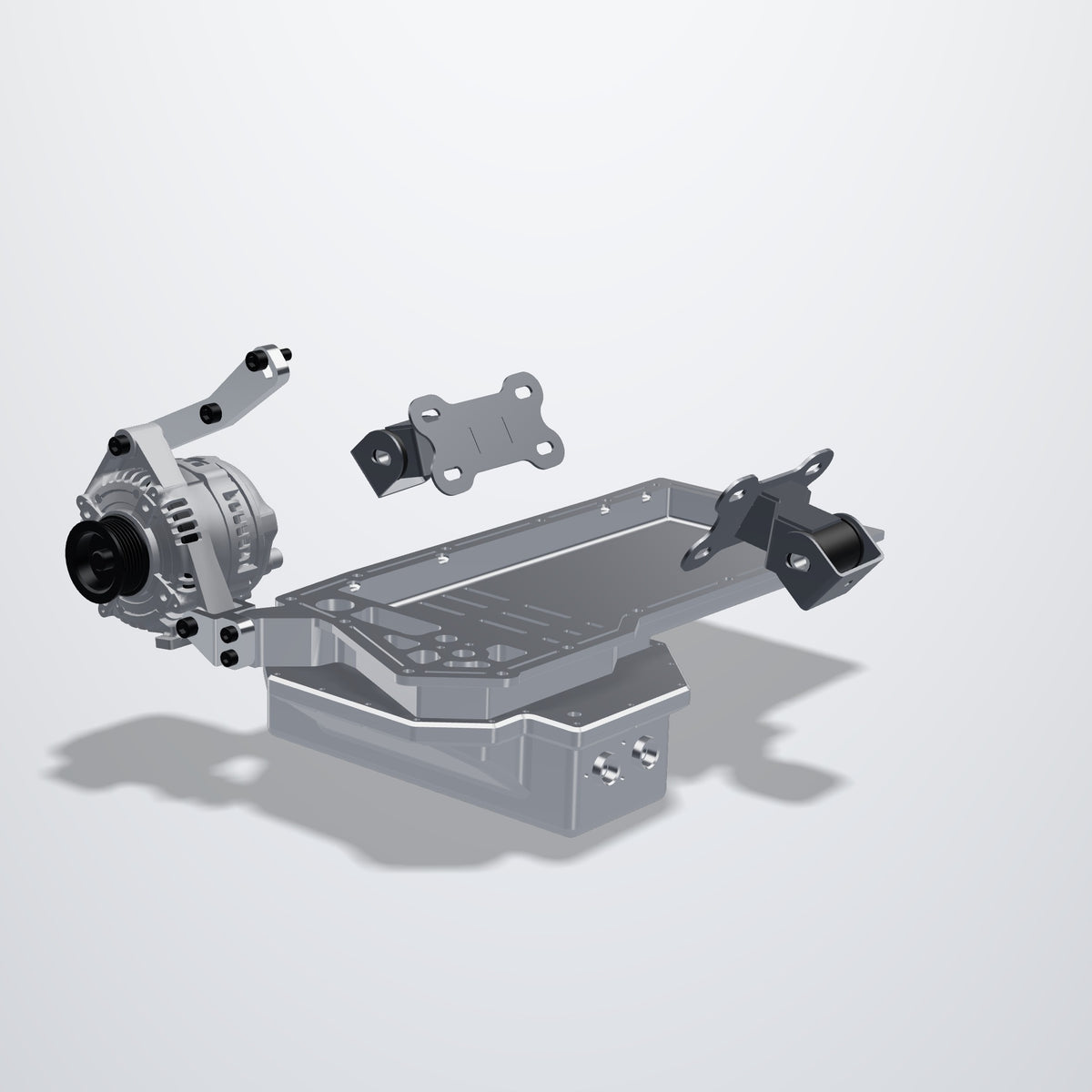 Nissan VK56DE with IMR S-chassis engine mounts and low-mount LS alternator brackets, front right view
