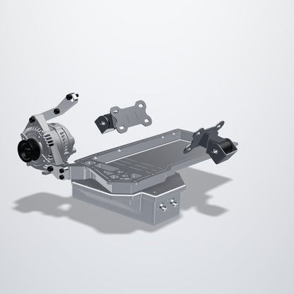 Nissan VK56DE with IMR S-chassis engine mounts and low-mount LS alternator brackets, front right view