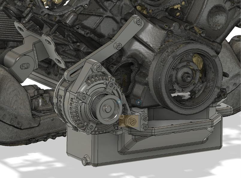 IMR low-mount LS alternator conversion brackets on a Nissan VK56DE